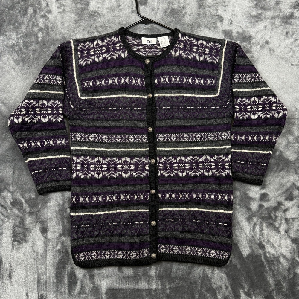 BP Cardigan Womens Medium Purple Fair Isle Shetland Wool Button Up Sweater